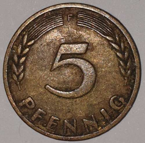 1949 F - 5 PFENNIG - FIVE PFENNIG - GERMANY - FEDERAL REPUBLIC - (Brass Clad Steel)